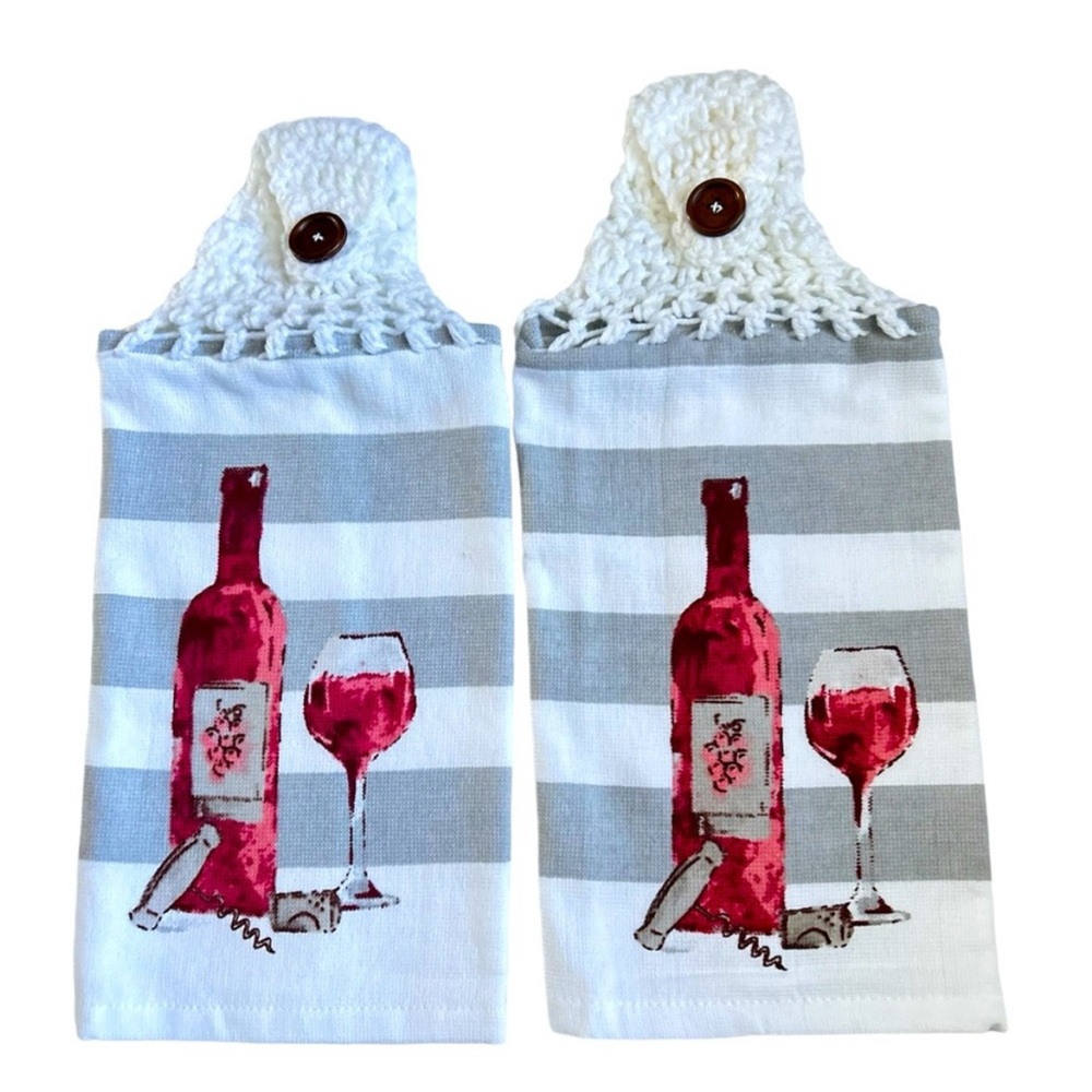 Hand Crafted Gray and White Striped Hanging Hand Towels with Red Wine Design